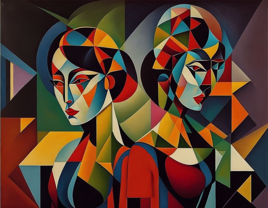 Vibrant Cubist artwork featuring abstract profiles of two women with geometric shapes on dark backdrop