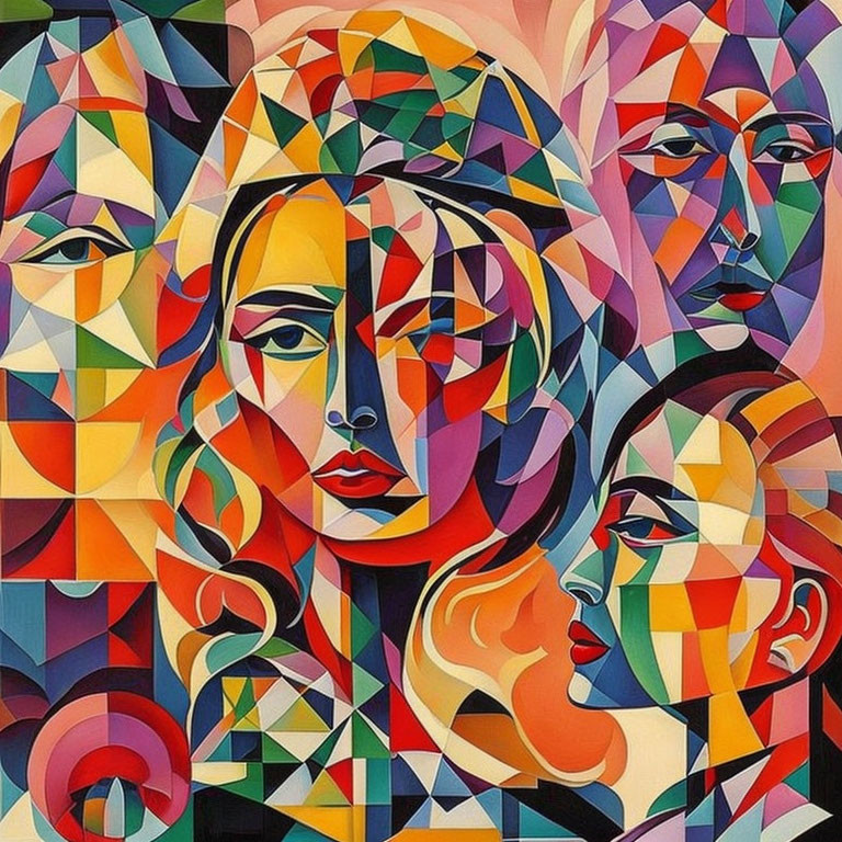 Vibrant Cubist Painting of Overlapping Faces