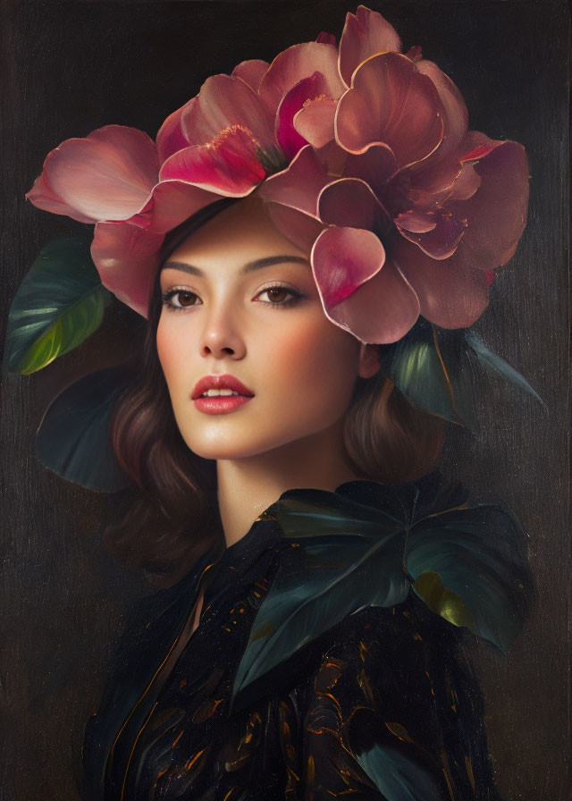 Woman portrait with vibrant pink flower headdress on dark background