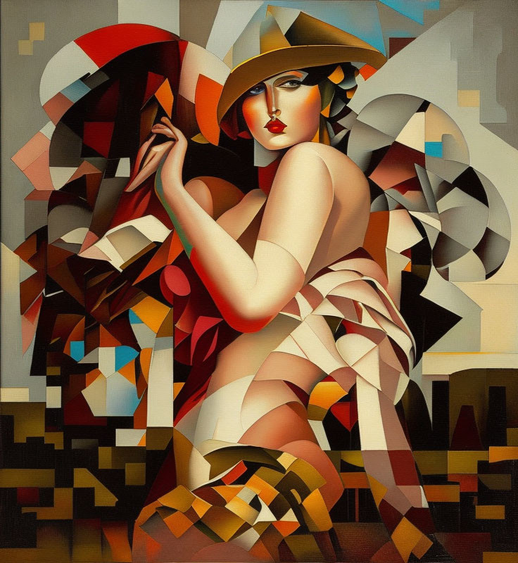 Cubist-style painting of seated woman with hat in browns, tans, reds,