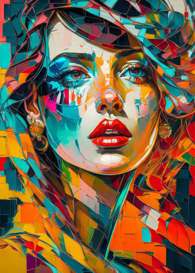 Vivid abstract portrait of a woman with geometric patterns in blue, orange, and yellow hues