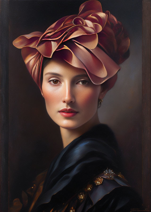 Portrait of woman in red floral hat with delicate features and dark outfit with gold details.