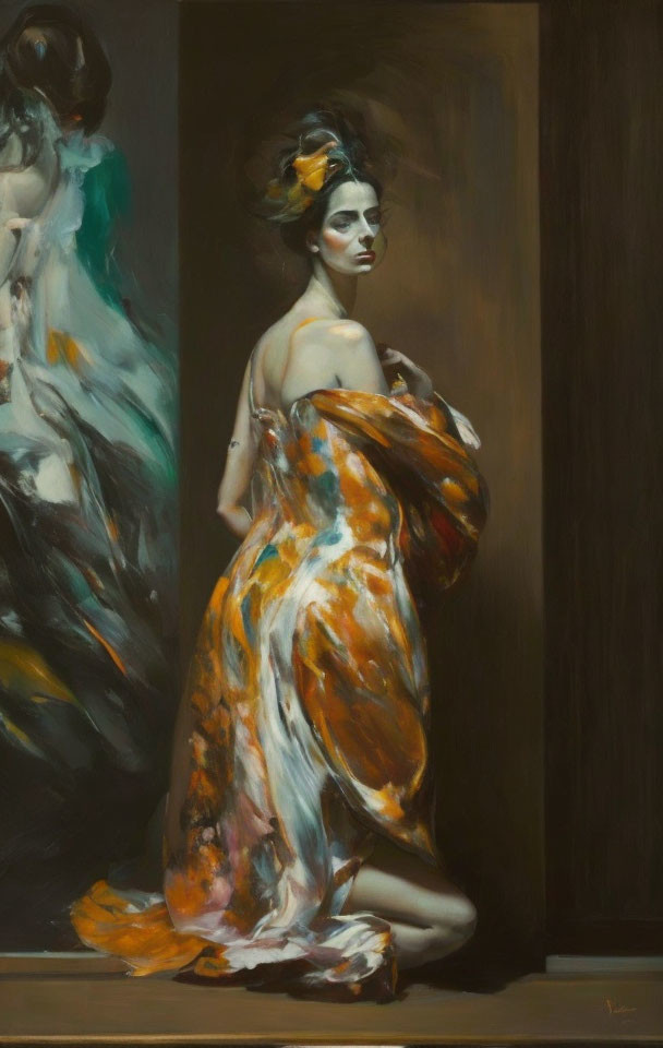 Woman in elegant dress with expressive brushstrokes and warm colors