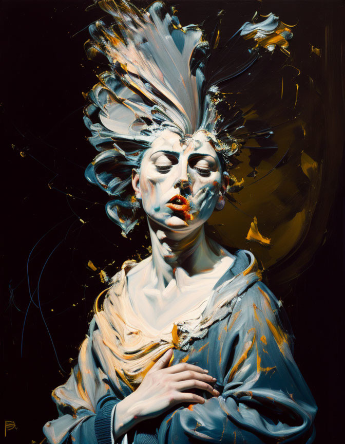 Dynamic white and gold headdress on dark background art.