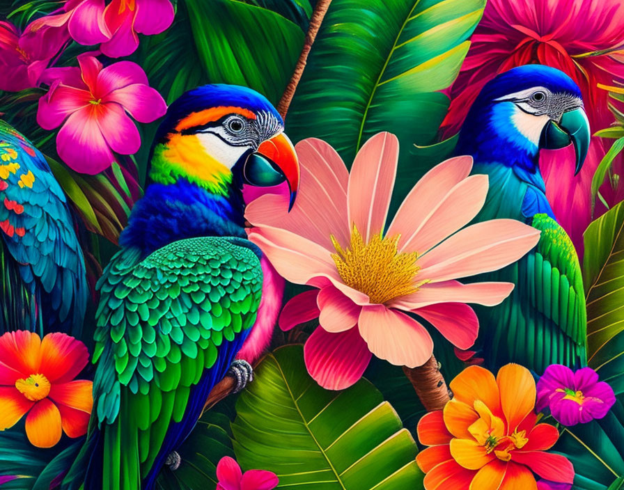 Colorful digital art featuring two macaws in tropical setting