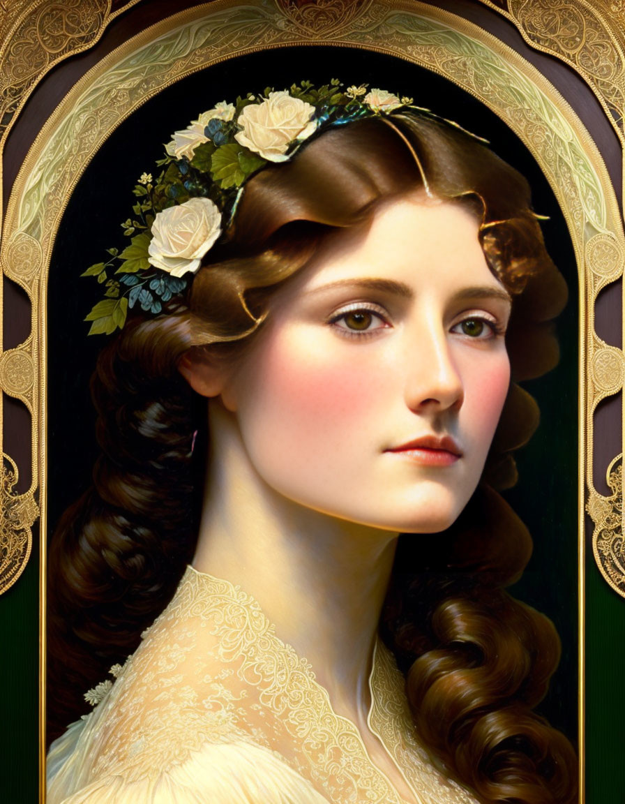 Detailed Portrait of Woman with Floral Wreath in Hair