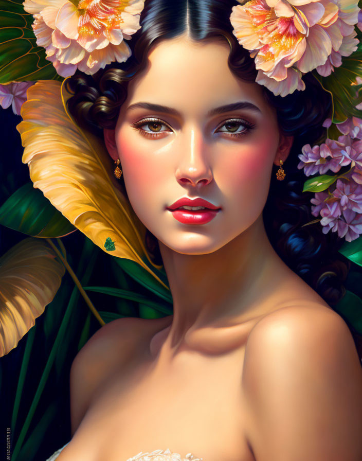 Portrait of Woman with Dark Hair and Flowers in Tropical Setting