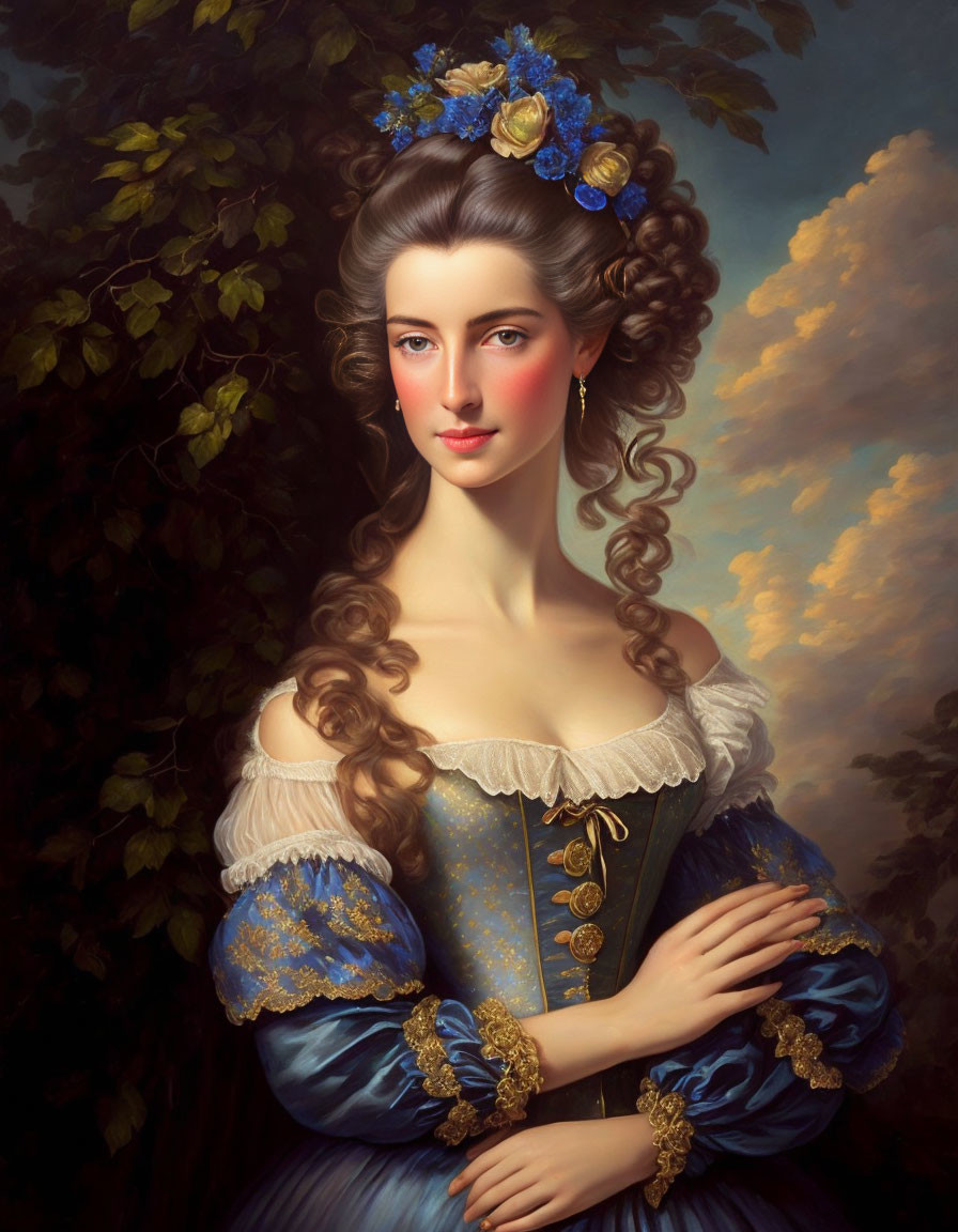 Digital portrait of woman in vintage blue and gold dress with floral hair, against cloudy sky and foliage.