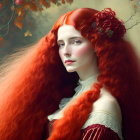 Vibrant red-haired woman with flowers in hair, porcelain skin, blue eyes, in autumn setting