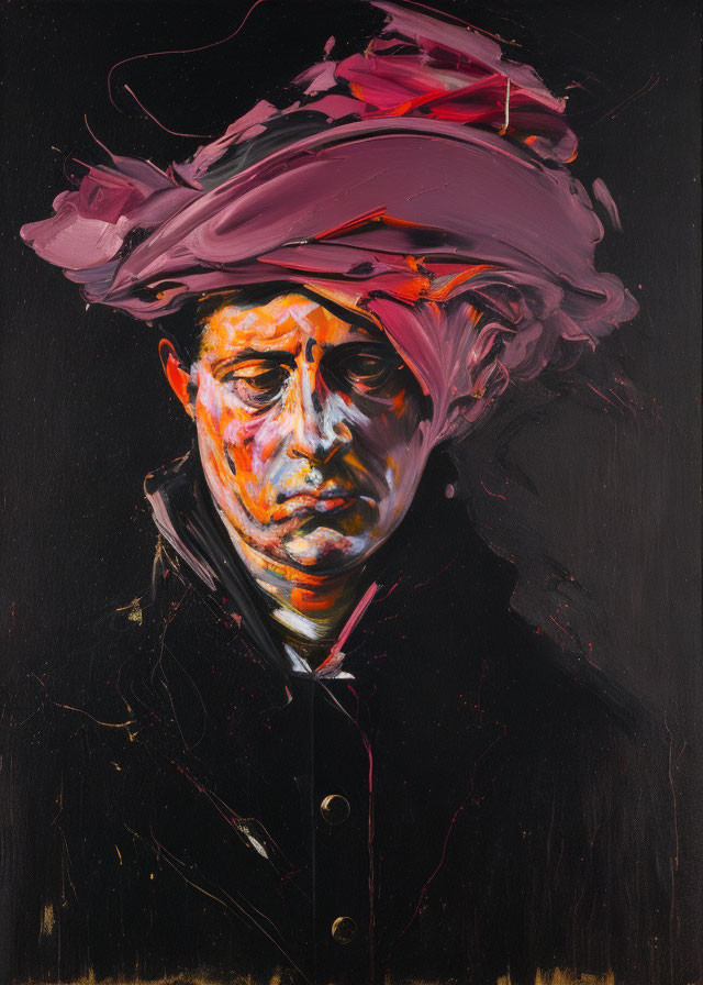 Abstract portrait with vibrant pink and red brushstrokes and somber expression on black background