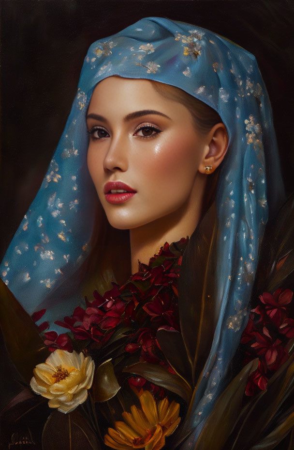 Woman portrait with blue veil and floral bouquet on dark background