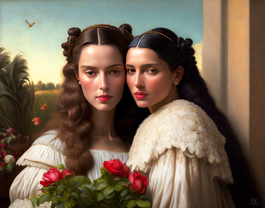 Two women in classical attire and hairstyles sharing a serene gaze in a pastoral setting