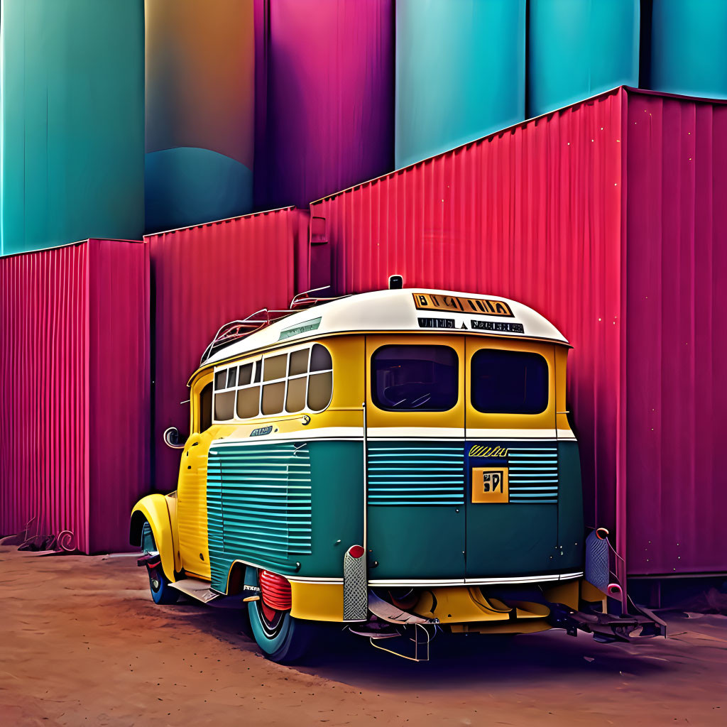 Vintage Yellow and Blue Bus Among Colorful Storage Containers