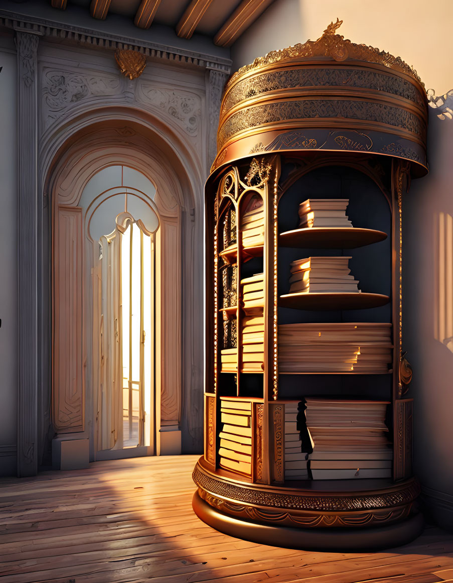 Circular Wooden Bookcase Filled with Books in Sunlit Room