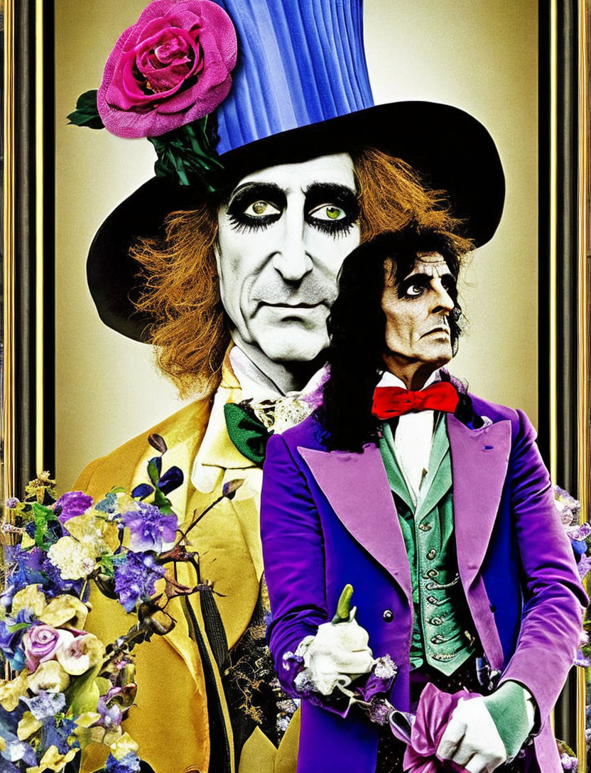 Colorful characters: Mad Hatter and Willy Wonka look-alikes back to back