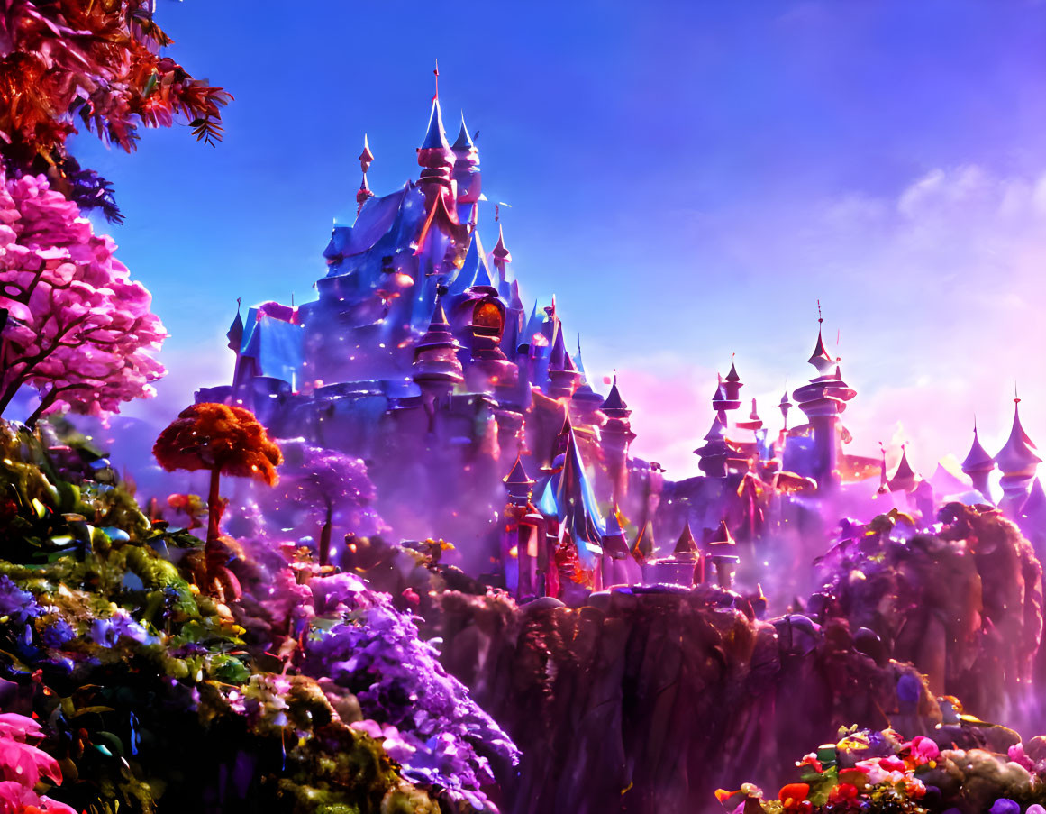 Fantasy castle with pointed turrets in colorful landscape