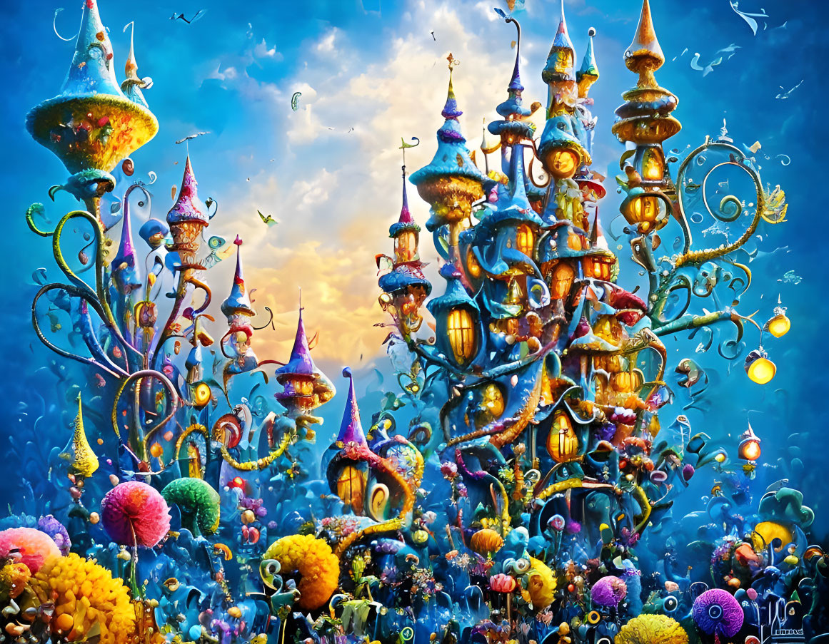 Colorful Underwater Scene with Fantastical Coral Castles and Marine Life