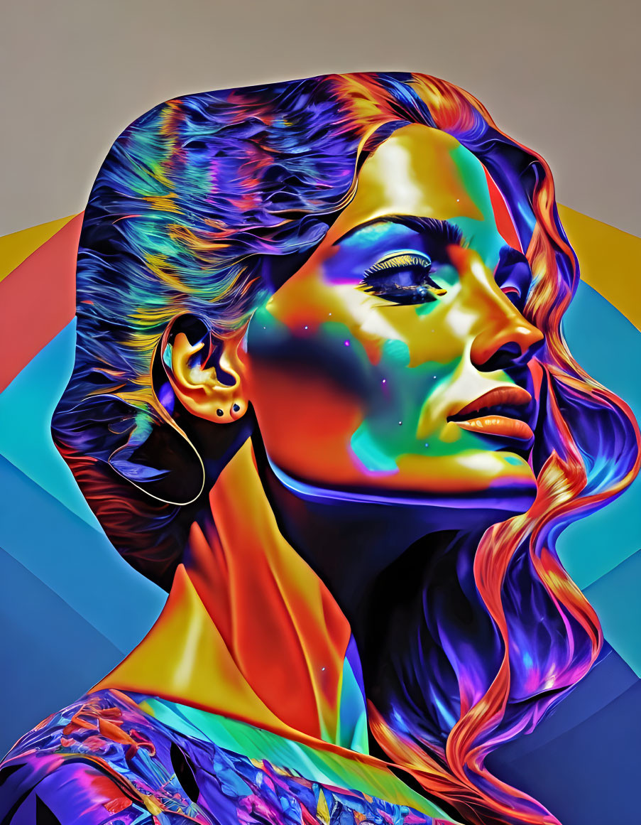 Colorful digital artwork: Woman with flowing neon hair on geometric backdrop