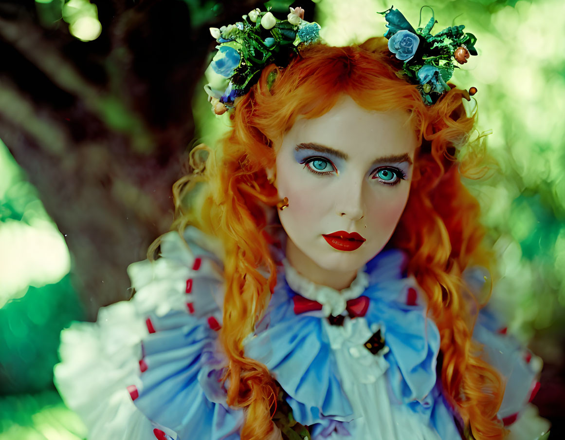 Vivid orange hair and blue eyes in floral headpiece and ruffled dress