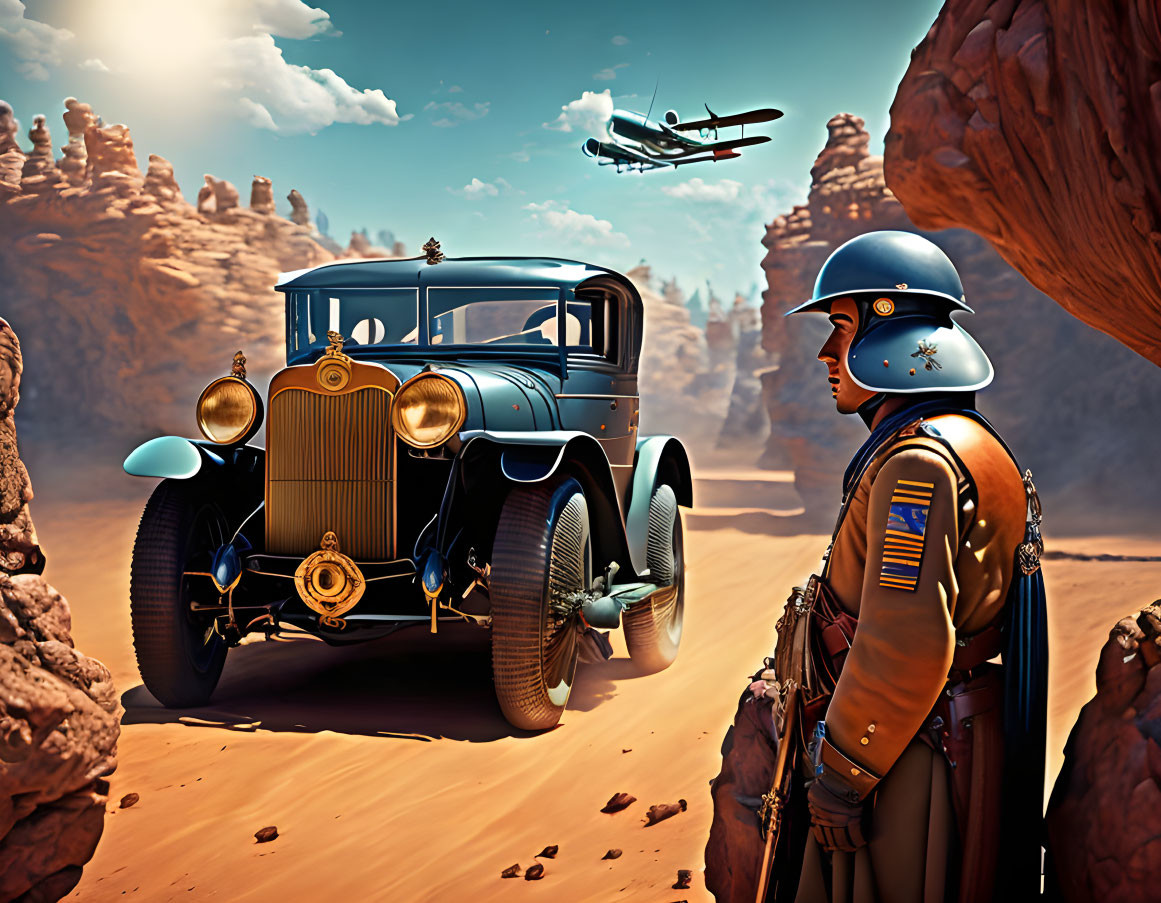 Futuristic soldier in armor with vintage car in desert landscape