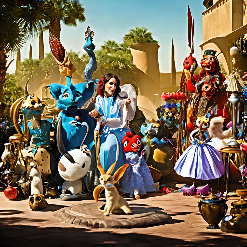 Colorful fantasy scene with woman, blue lion, and puppets in desert setting