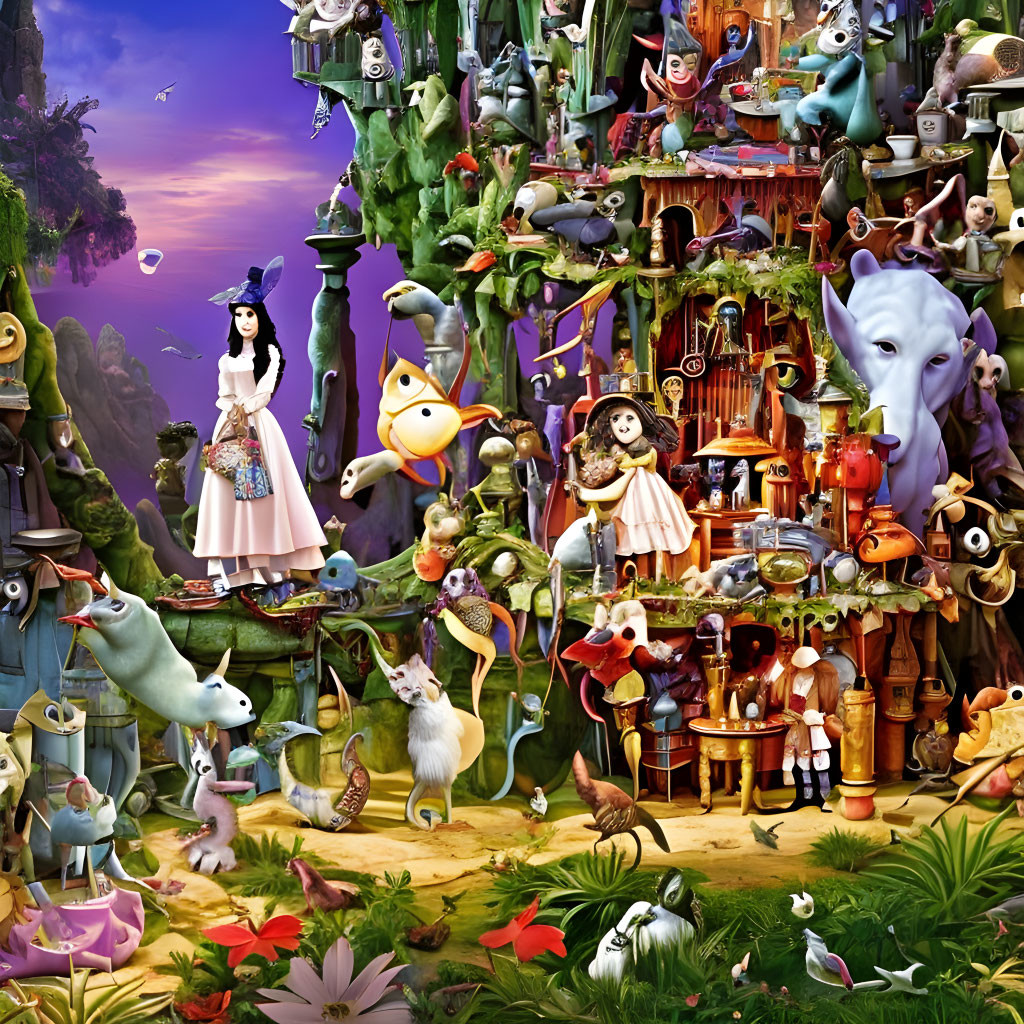 Colorful Collage of Human-Animal Characters in Surreal Environment