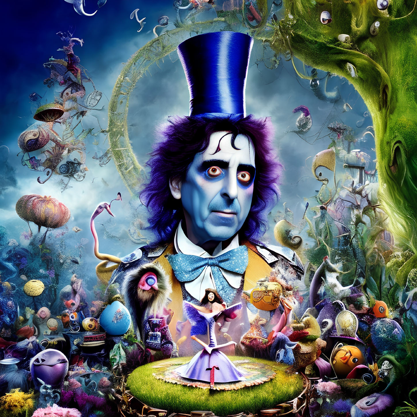 Vibrant surreal art: Mad Hatter in blue top hat with Alice in Wonderland characters.