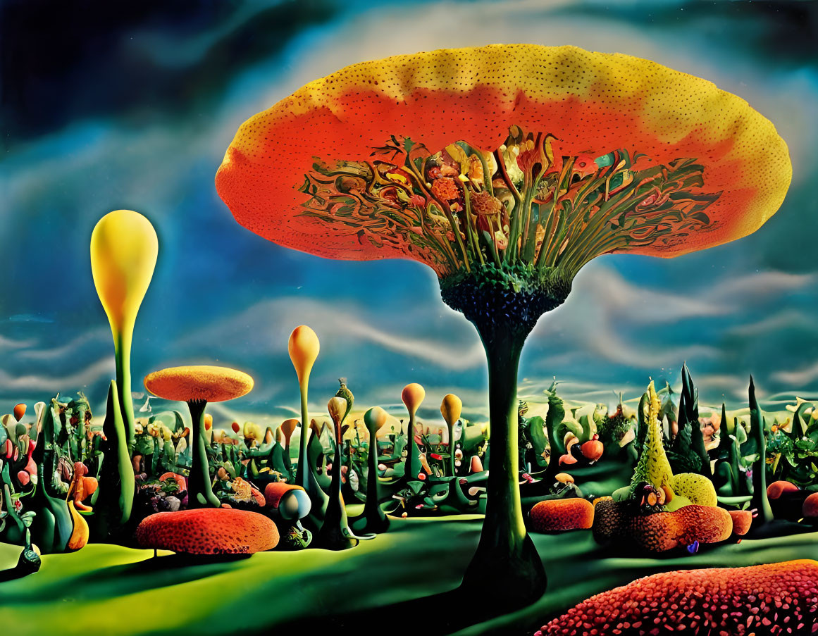 Surreal landscape with large mushroom structure and fantastical plants