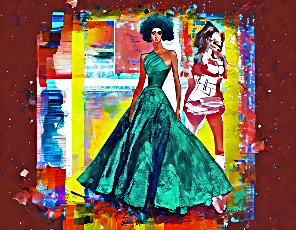 Abstract Art: Stylized Women in Colorful Dresses and Paint Splatters