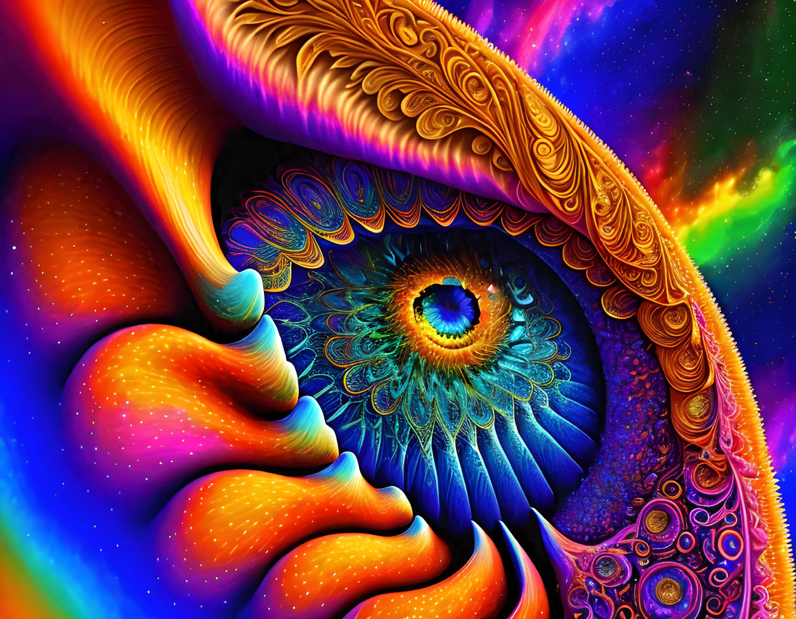 Colorful Cosmic Fractal Art with Eye Motif and Swirling Patterns