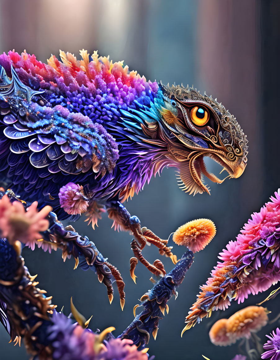 Colorful fantasy creature with feather-like scales and golden facial ornaments