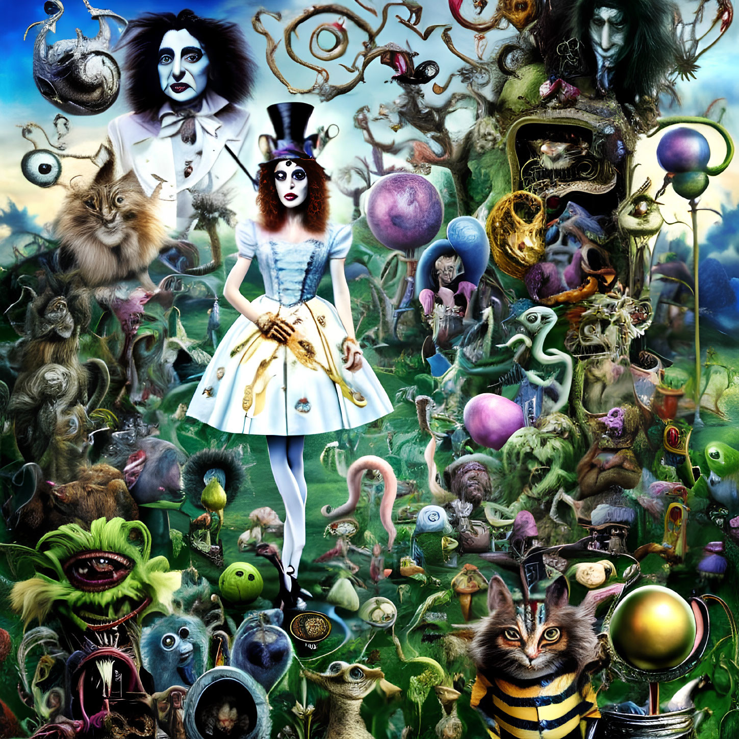 Colorful Surreal Montage of Alice in Wonderland Characters and Motifs