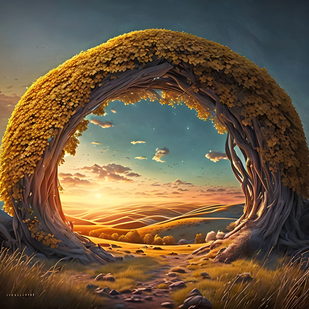 Surreal artwork: natural archway, yellow foliage, sunset, dreamy landscape.