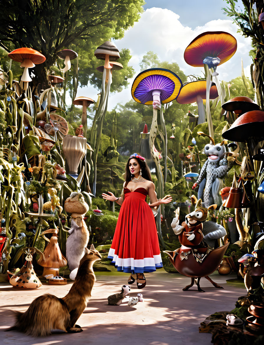 Woman in Red Dress in Colorful Fantasy Forest with Mushrooms & Creatures