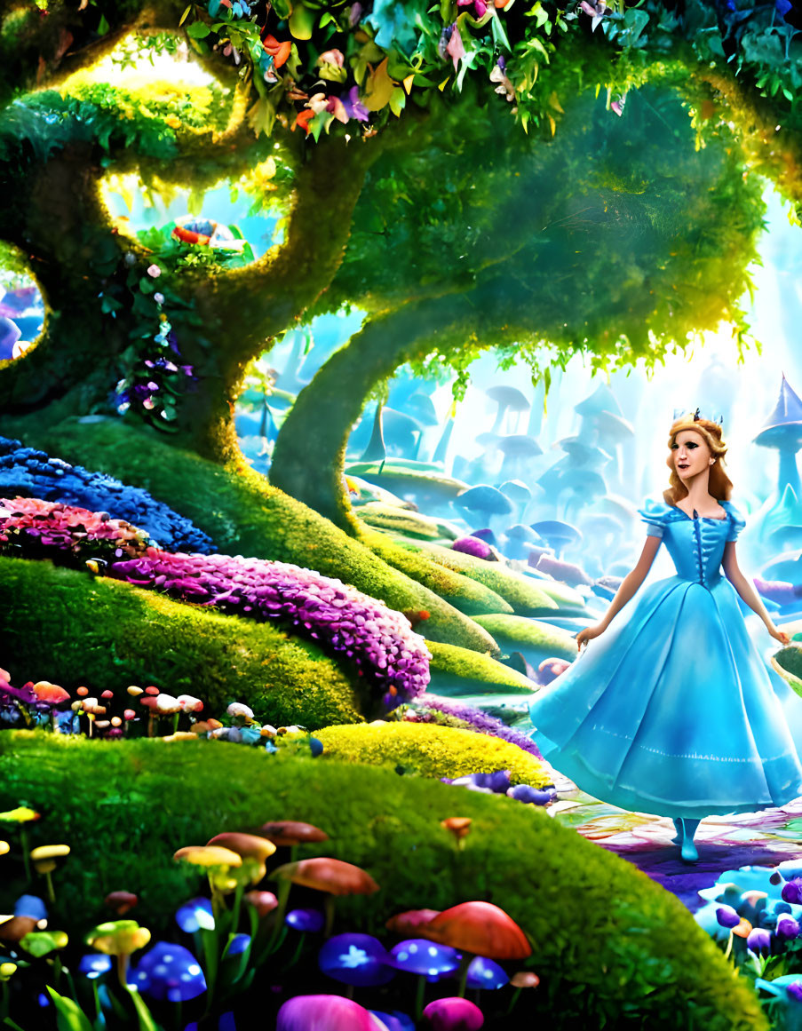 Woman in Blue Dress Stands in Fantastical Forest