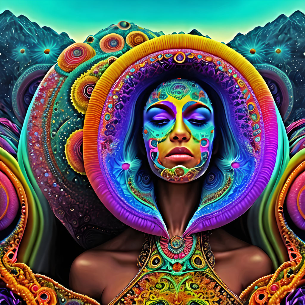 Colorful digital artwork of a woman's face with psychedelic patterns