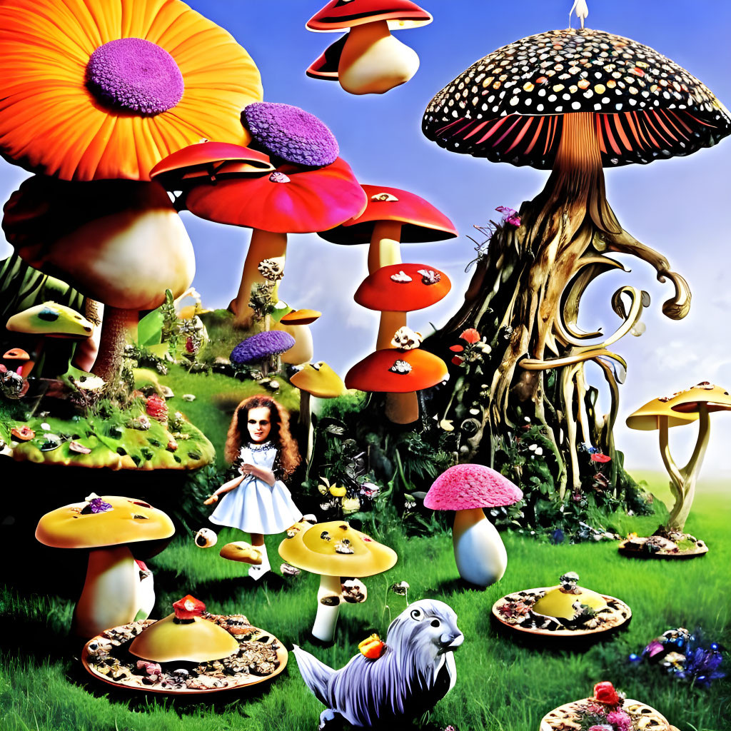 Fantastical mushroom-filled landscape with Alice-like character and whimsical creature