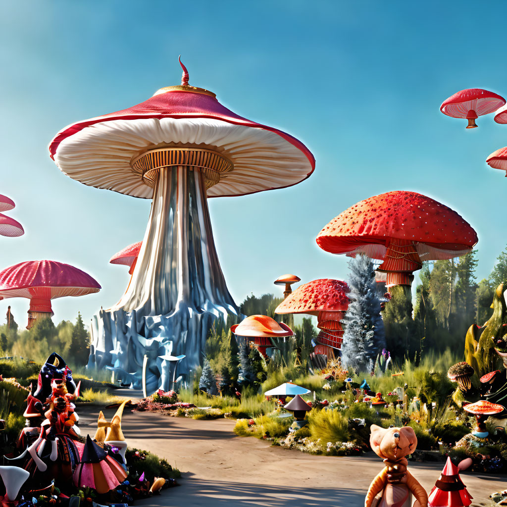 Colorful Mushroom Landscape with Small Character Figures