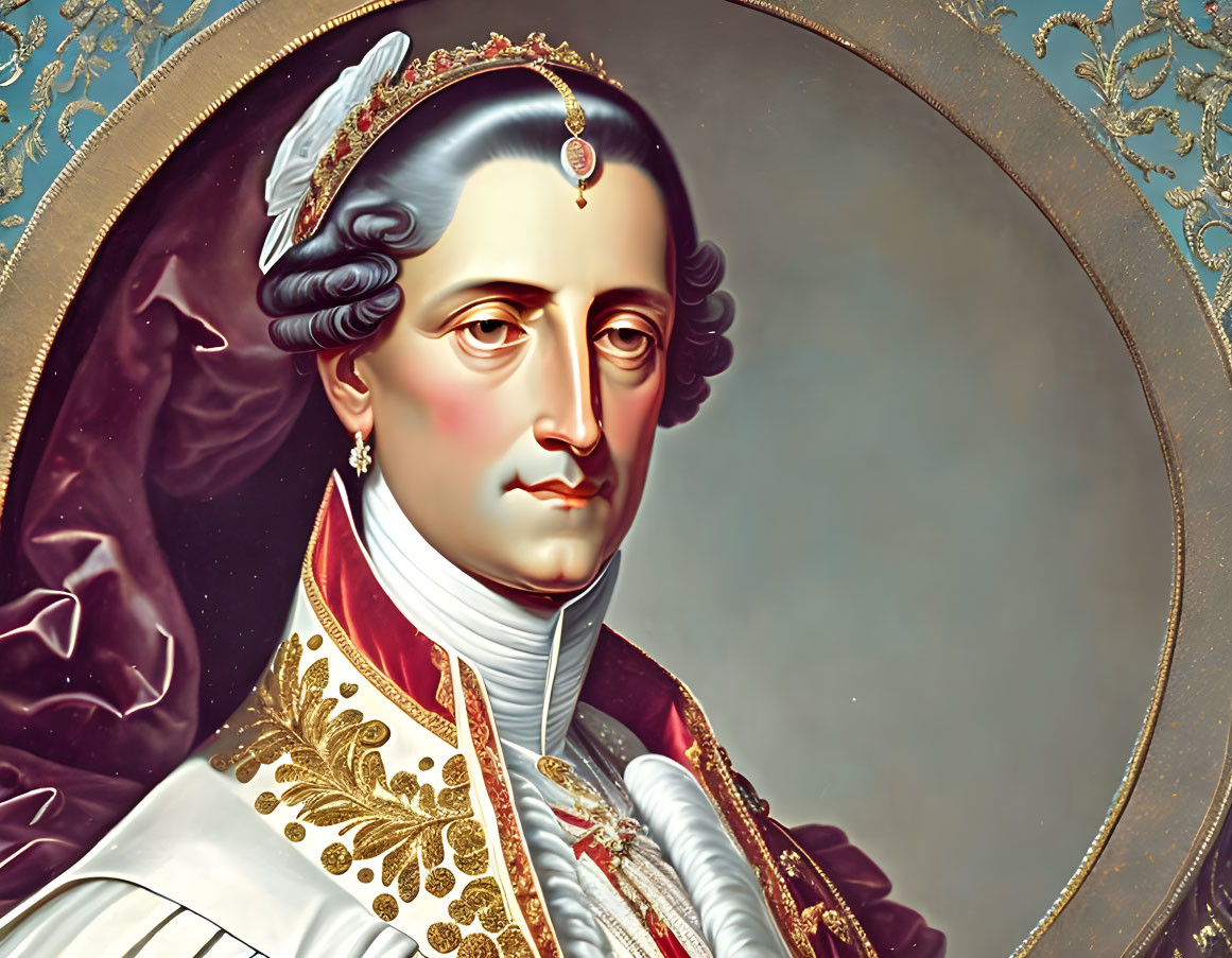 Historical portrait with ornate jacket, white vest, red sash, and jeweled crown.