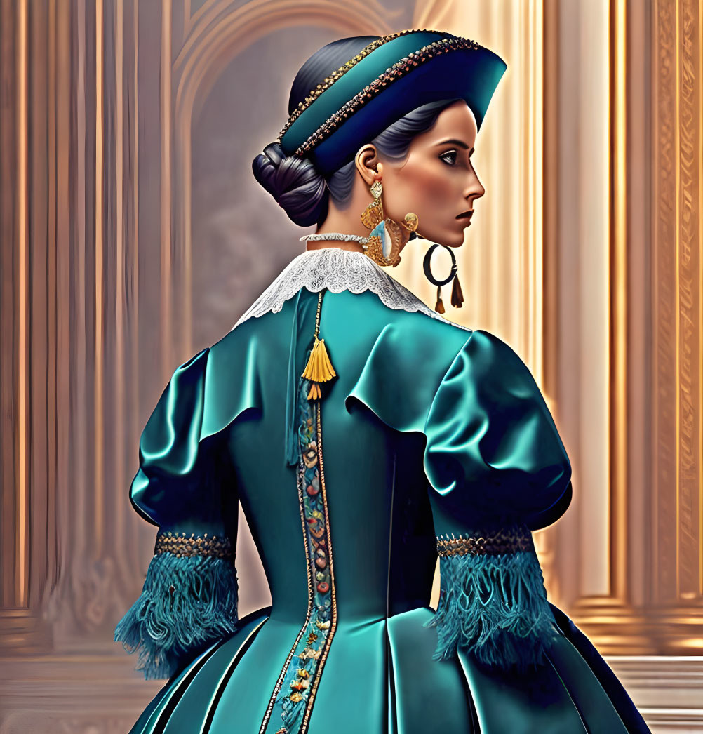 Elegant woman in teal vintage dress with gold detailing and lace collar.