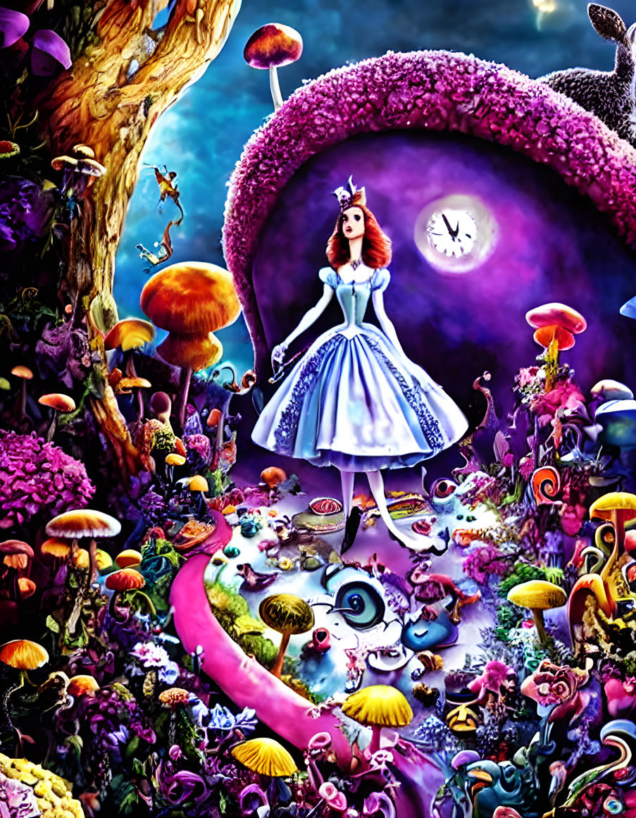 Fantastical illustration of Alice in Wonderland-inspired character with vibrant mushrooms and whimsical tree