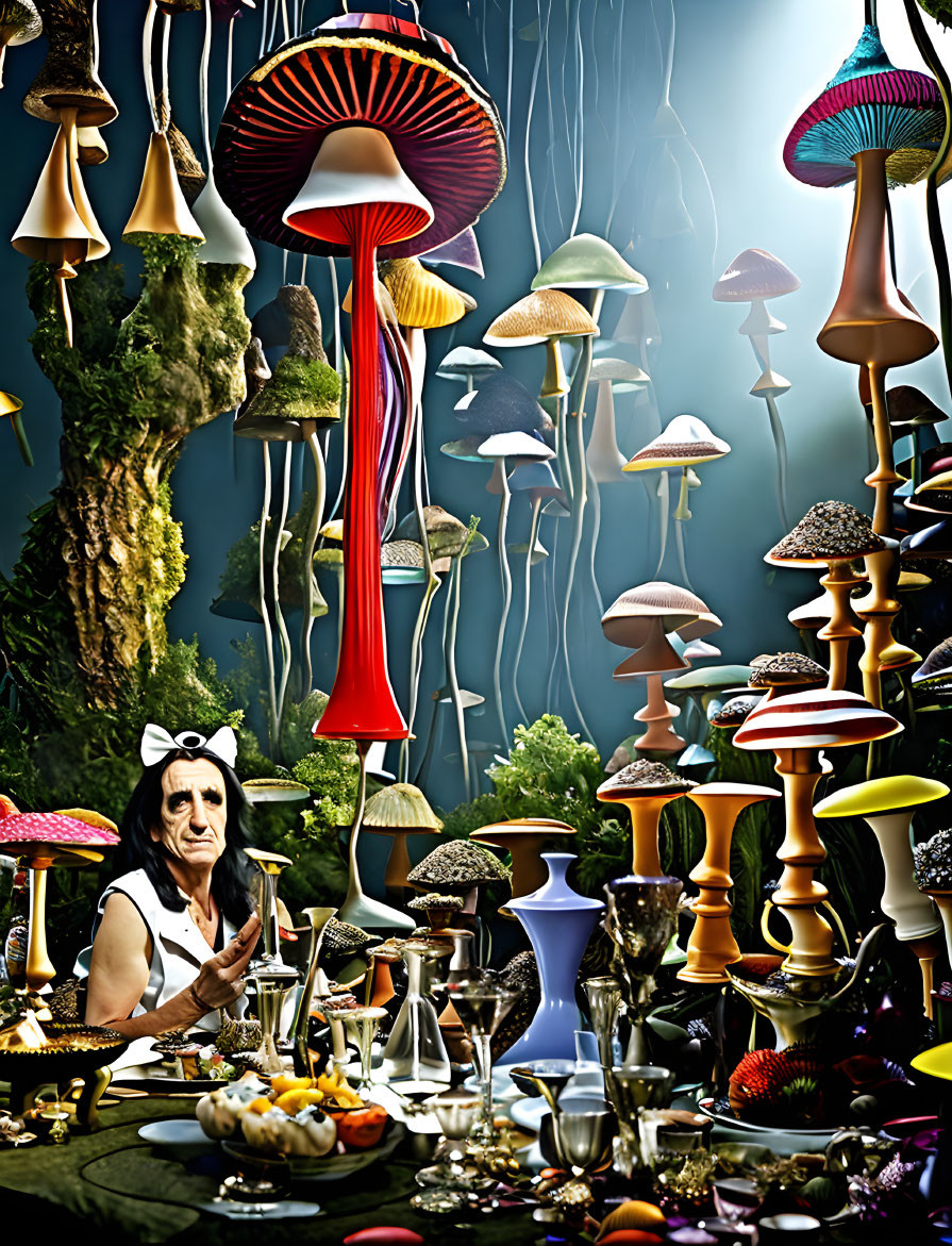 Person in black attire with face paint among colorful mushrooms and food table