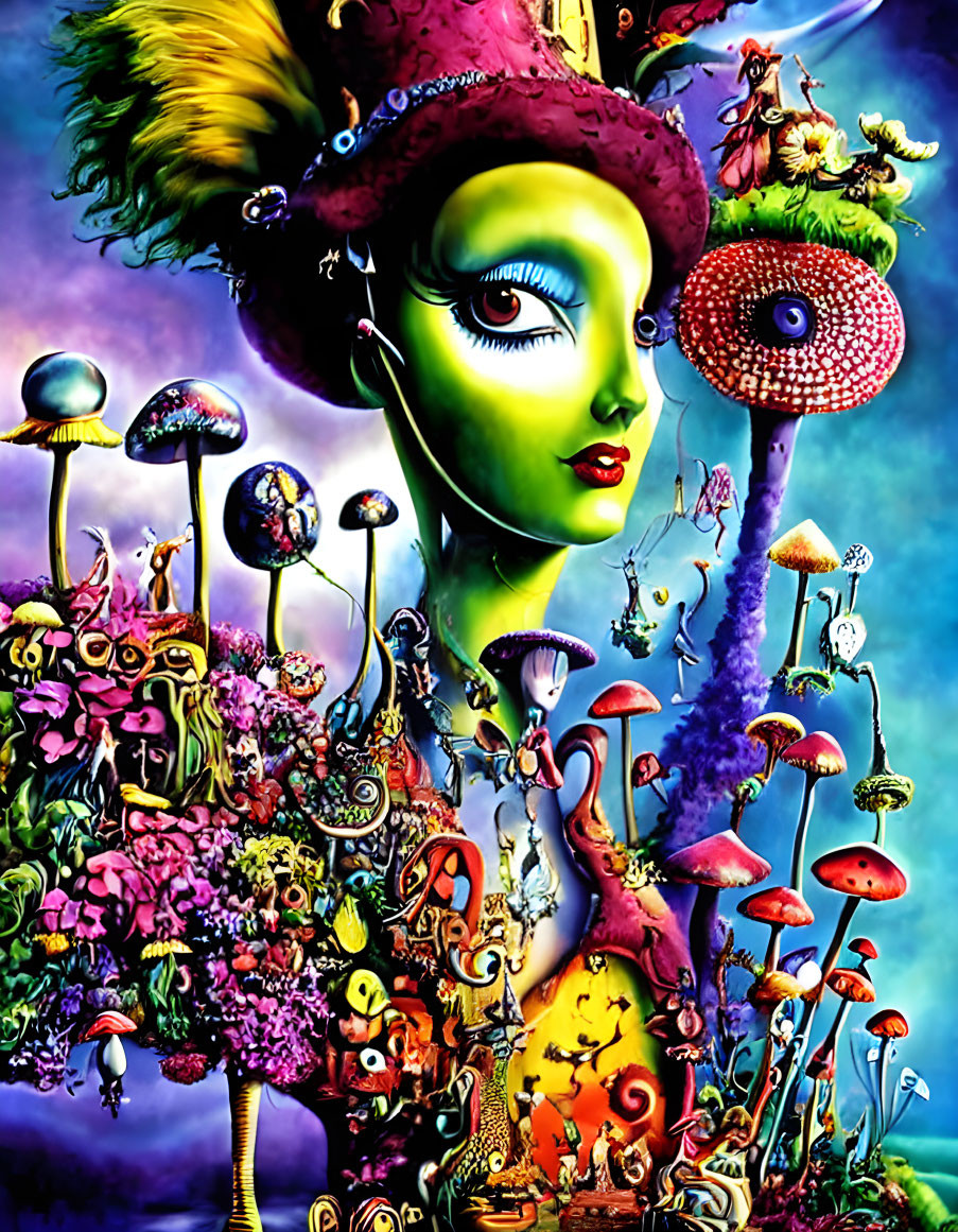 Colorful psychedelic art: Green-skinned figure with whimsical hat and mushrooms