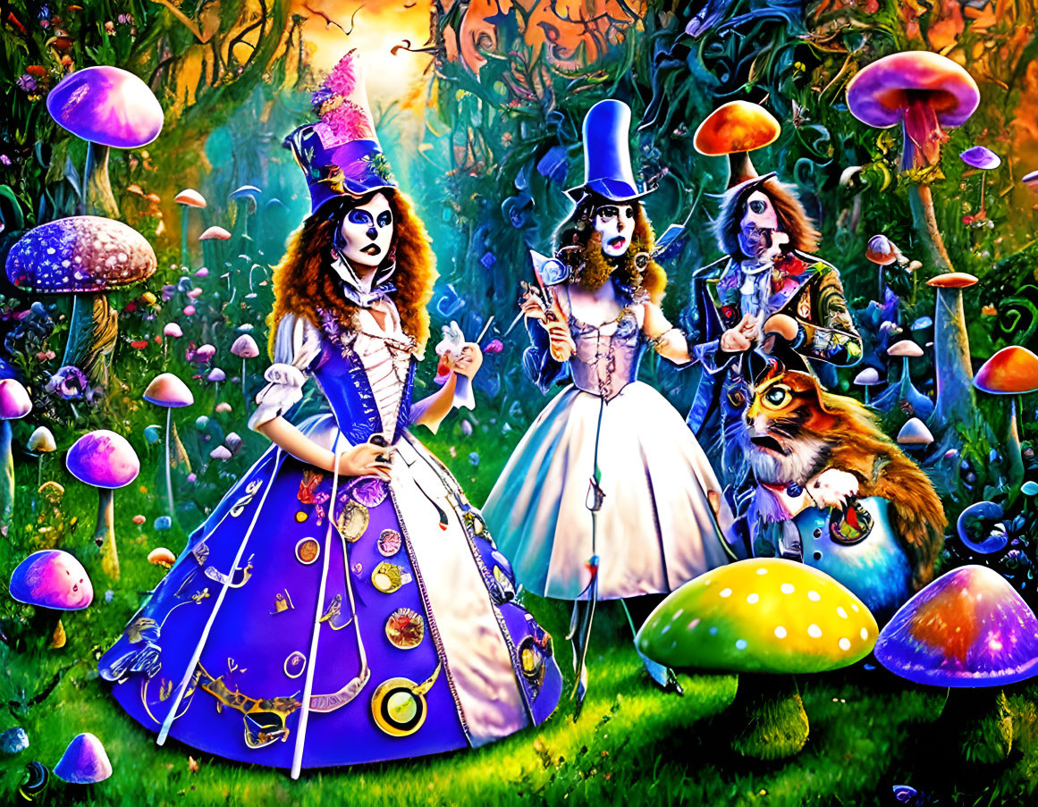 Whimsical Alice in Wonderland characters with oversized mushrooms in vibrant forest.