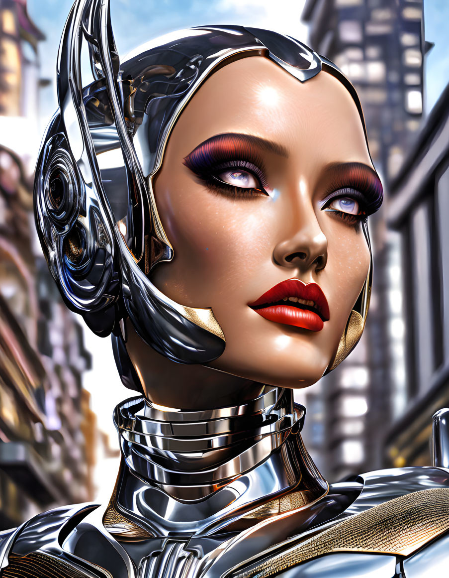 Detailed humanoid robot with silver skin and mechanical ears in urban setting