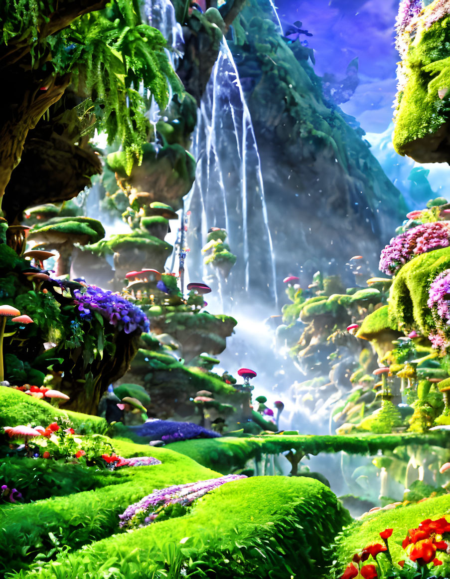 Fantasy landscape with lush greenery, colorful mushrooms, waterfall, and mist