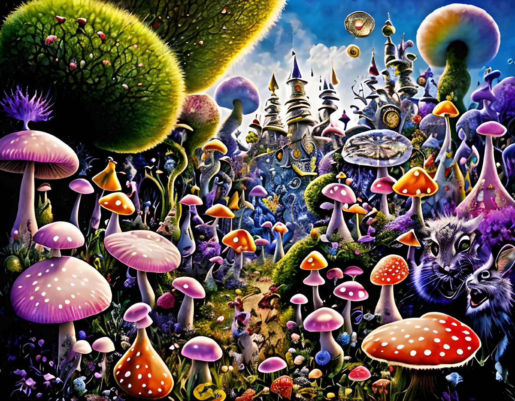 Colorful psychedelic landscape with mushrooms, plants, and whimsical structures