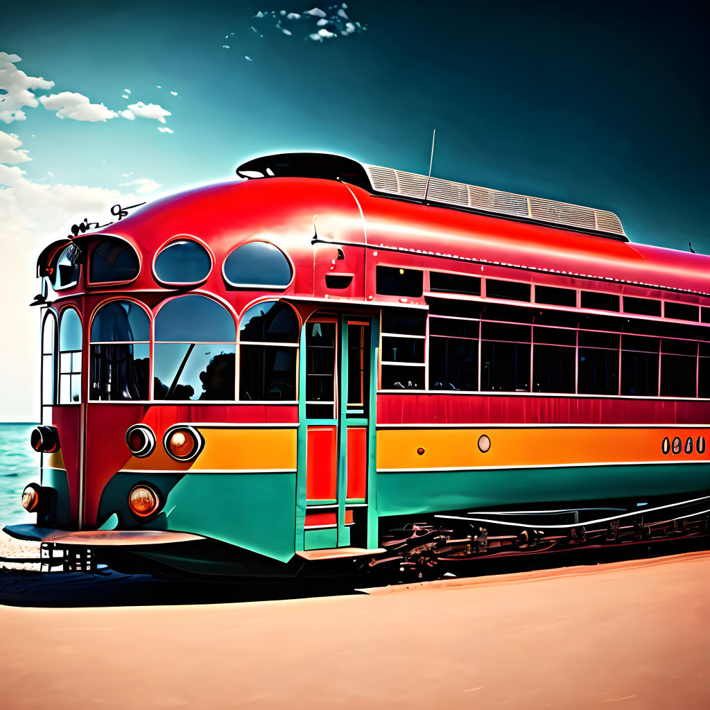 Colorful Vintage Streetcar Illustration on Beach Skyline