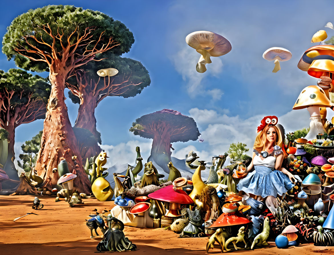 Fantastical scene with Alice-inspired figure, oversized mushrooms, whimsical creatures, and exaggerated trees