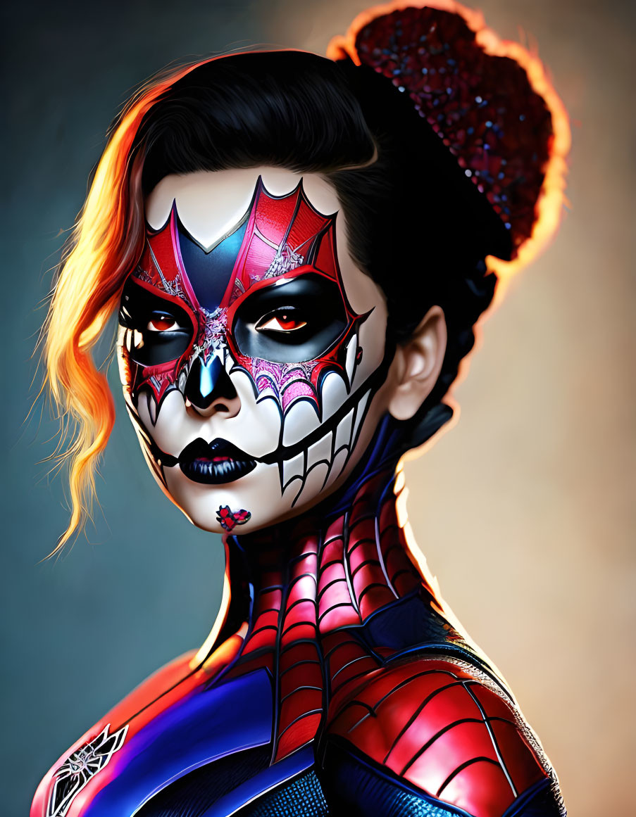 Colorful Skull Half-Face Portrait in Superhero Costume